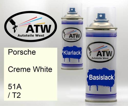 Porsche, Creme White, 51A / T2: 400ml Sprühdose + 400ml Klarlack - Set, von ATW Autoteile West.